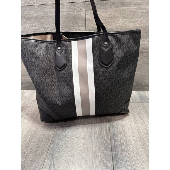 Michael Kors Eva Large Logo Stripe Tote Bag in Black White - Picture 11 of 16